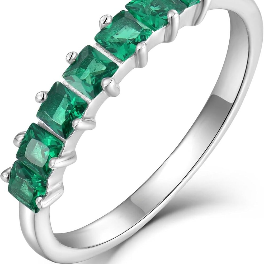 Classic 925 Silver Stackable Princess Emerald Rin… - image 1